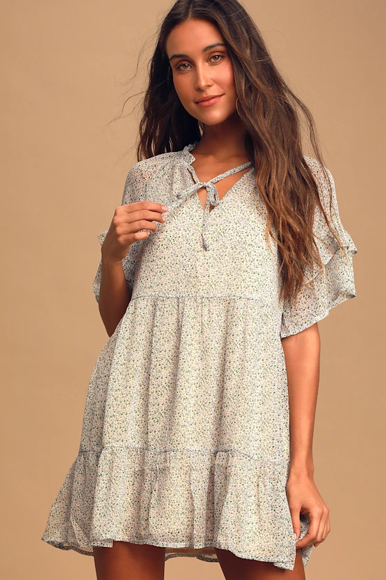 Babe Date Blush Floral Print Tiered Short Sleeve Babydoll Dress | Lulus