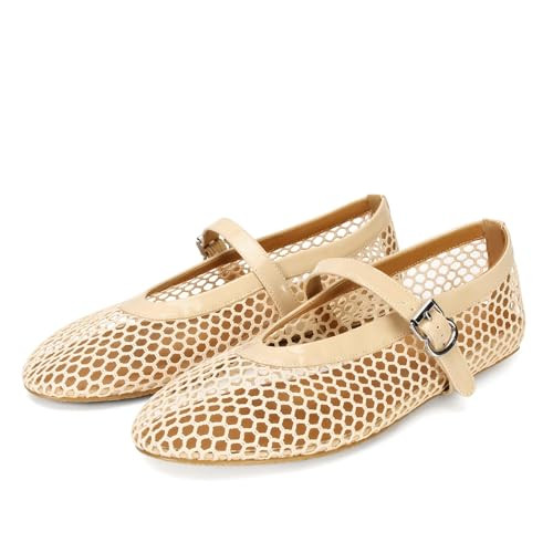 DOEYG Mesh Ballet Flats for Women Round Toe Mesh Flats Ballet Shoes Buckle Strap Mesh Mary Jane Flats Comfy Casual Office Summer Fishnet Ballerina Flats Shoes Nude | Amazon (US)