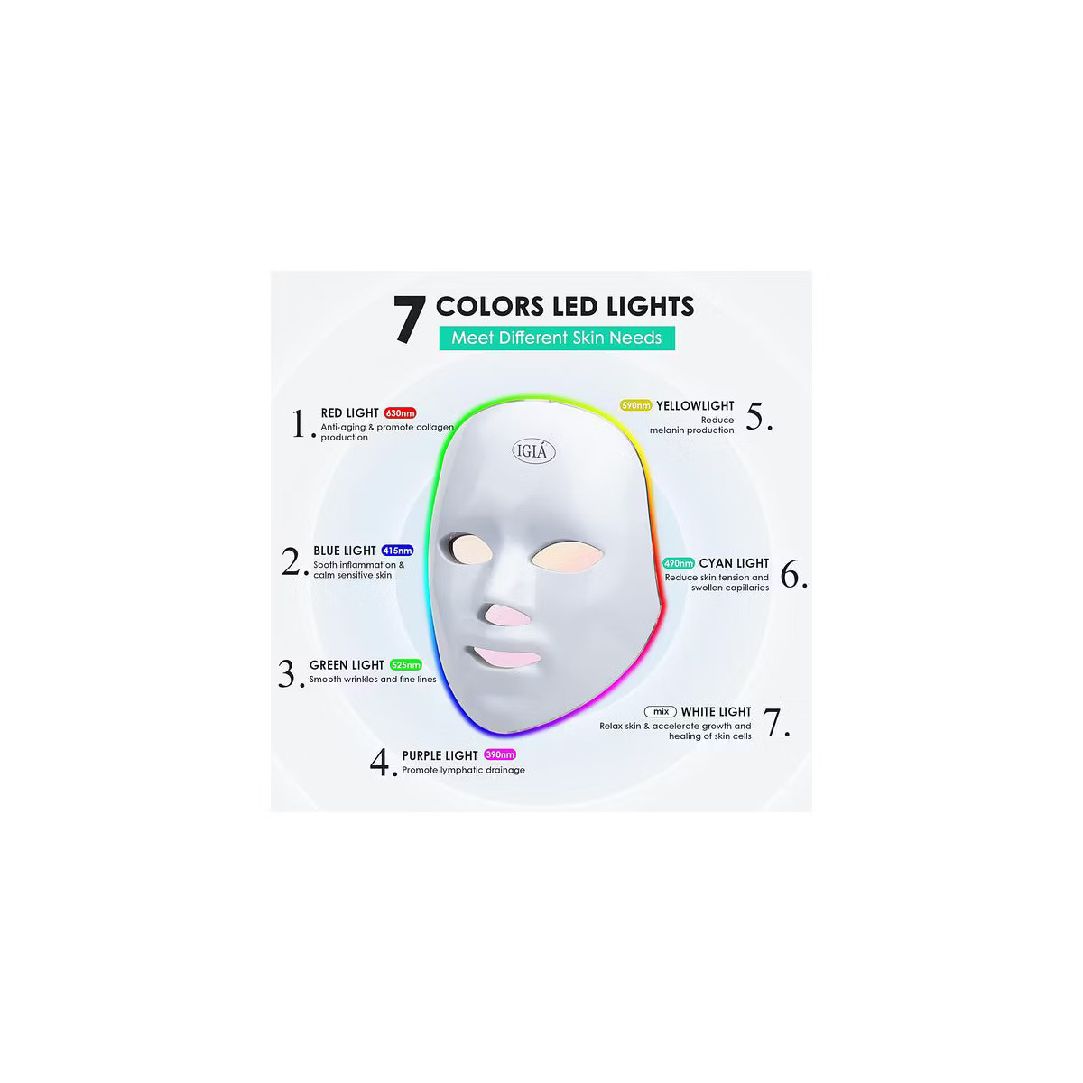 IGIA Re-GEN LED Light Therapy Facial Mask – Rejuvenates Skin, Reduces Wrinkles & Acne, 7-Color ... | Target