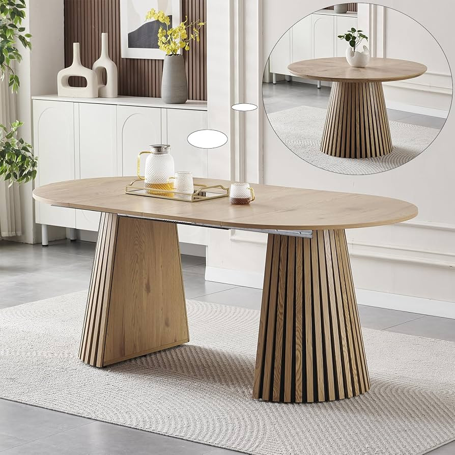39.4''-70.9'' Extendable Round Dining Table for 4-8, Modern Kitchen Oval Dining Table with Slatte... | Amazon (US)