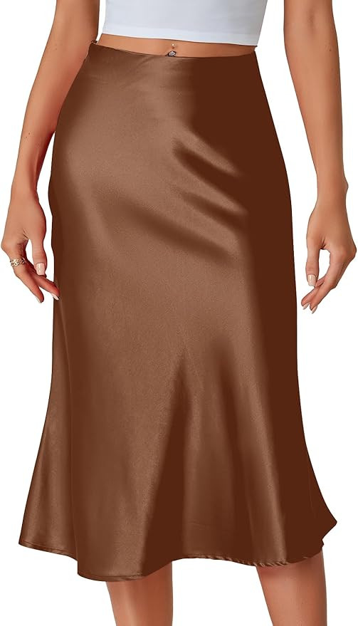 LYANER Women's Elegant Satin Silky Elastic High Waist Zipper A Line Midi Skirts | Amazon (US)