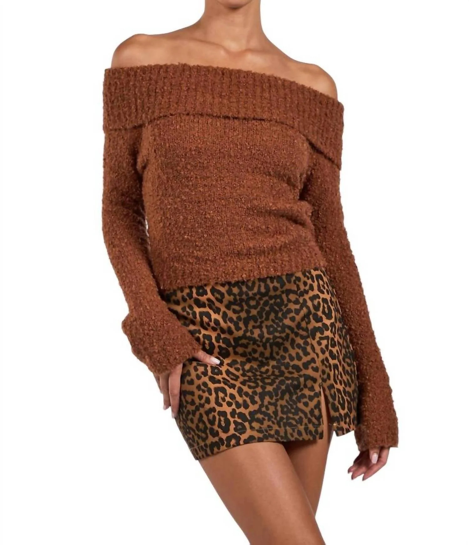 Bliss Off Shoulder Sweater In Brown | Shop Simon