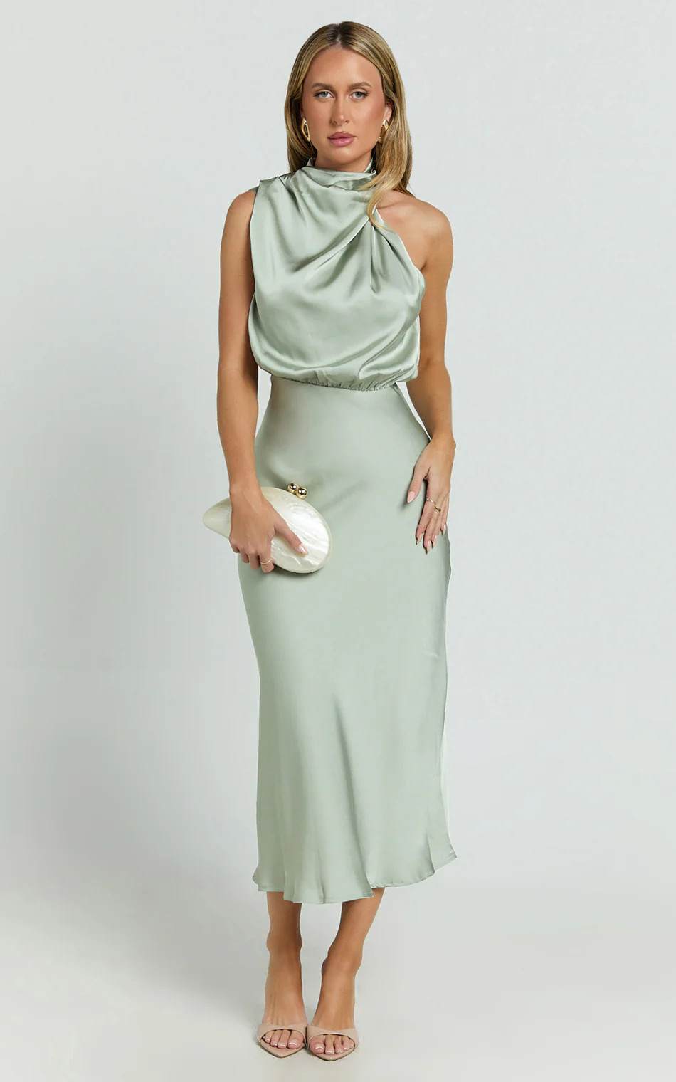 Minnie Midi Dress - Drape Neck Satin Slip Dress in Sage | Showpo (ANZ)