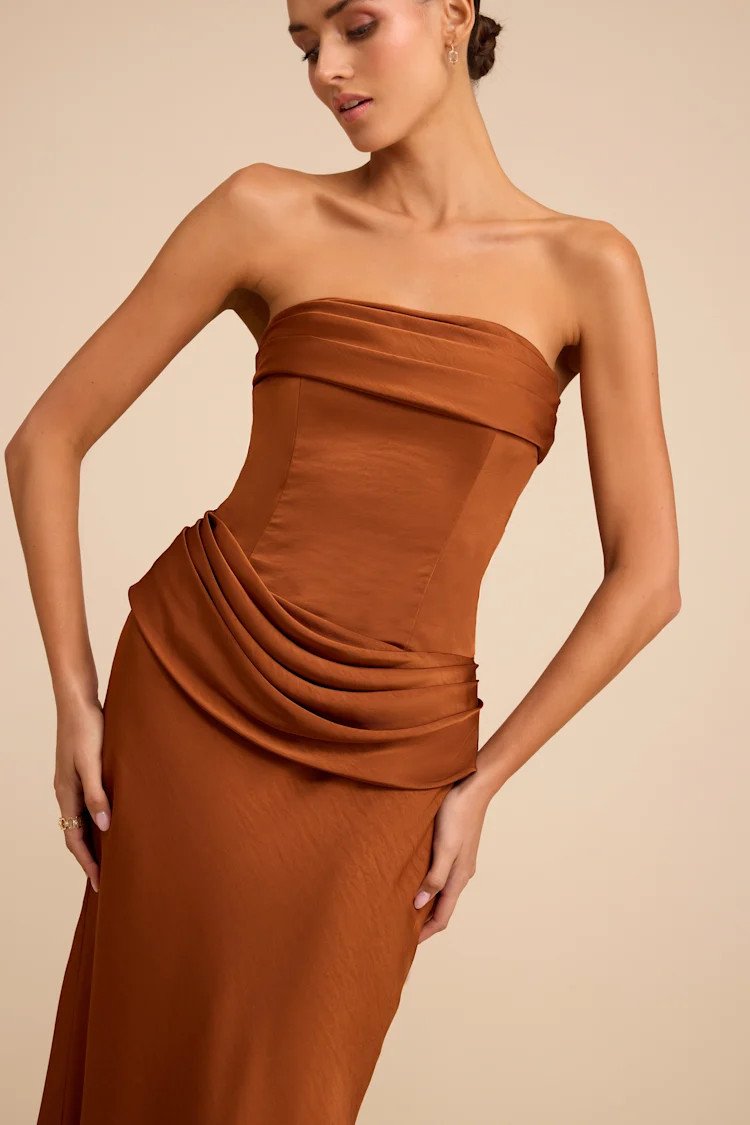 Verbena Bronze Satin Draped Strapless Maxi Dress | Lulus