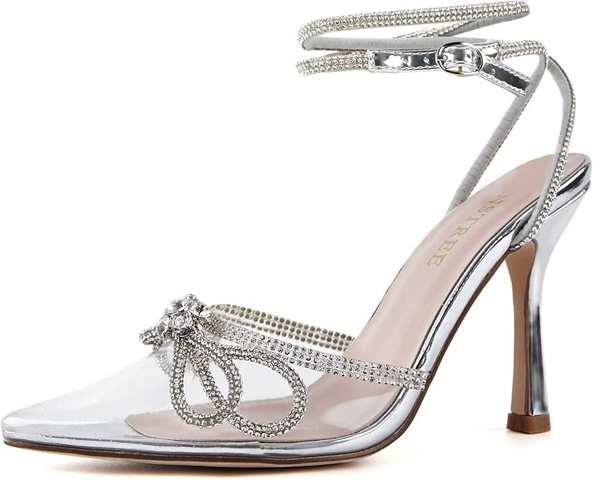 TINSTREE Women's Rhinestone Ankle Strap Heeled Sandals Pointy Toe Stilettos High Heels Pumps Lace... | Amazon (US)
