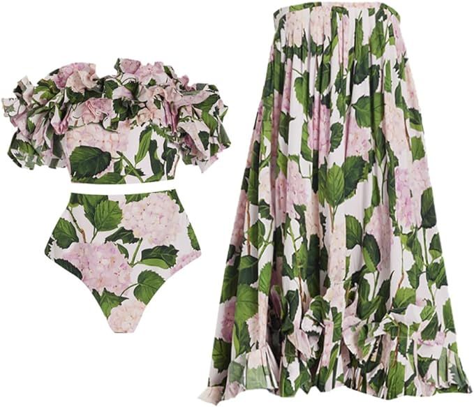 IMEKIS Women Floral Print Swimsuit Ruffles Bikini Set with Skirt Swimwear 3 Piece Bathing Suits S... | Amazon (US)