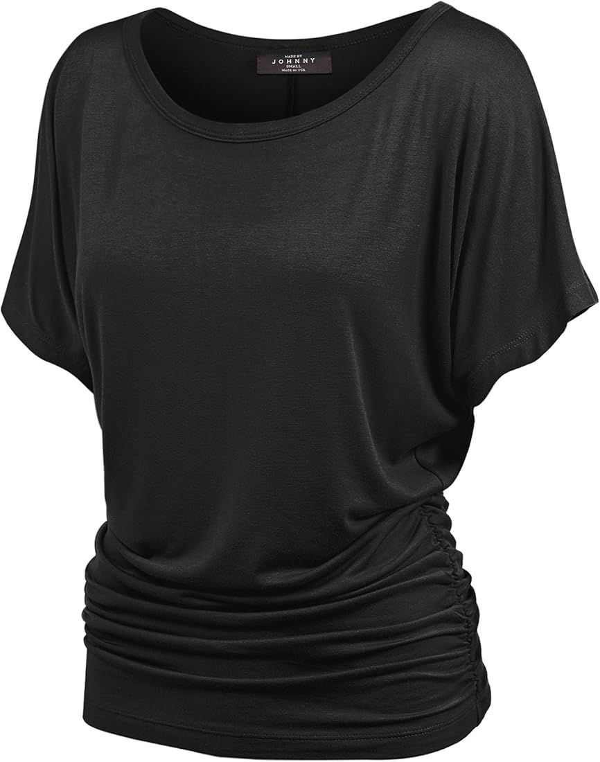 Made By Johnny Women's Solid Short Sleeve Boat Neck V Neck Dolman Top with Side Shirring | Amazon (US)