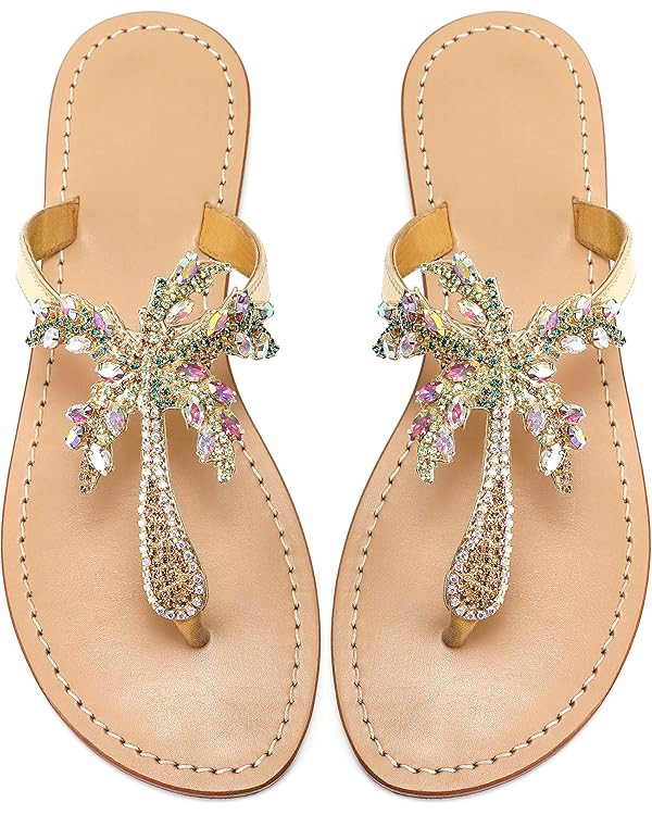 Monrovia Women's Rhinestone Jeweled Flat Beach Wedding Summer Sandals Gold Rhinestone Jeweled San... | Amazon (US)