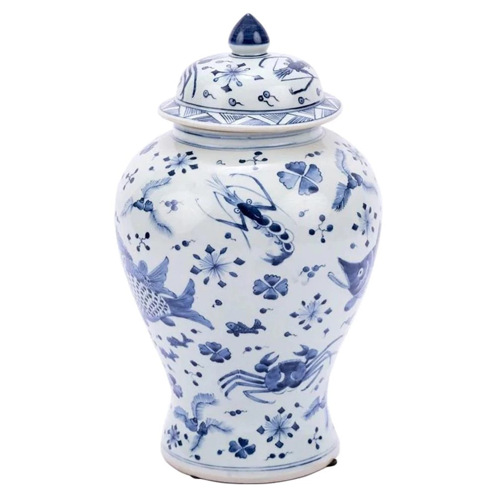 Aspen French Country Blue and White Porcelain Fish Shrimp Crab Ginger Jar | Kathy Kuo Home