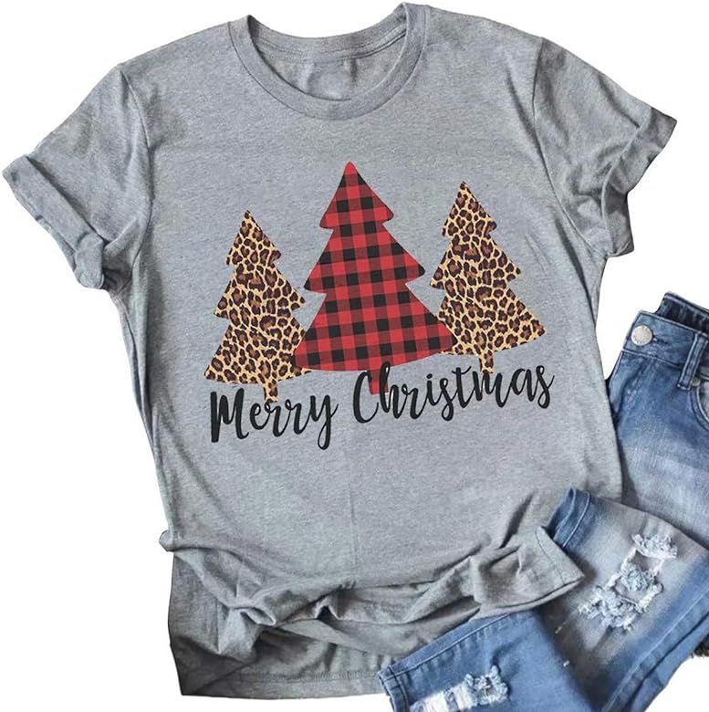 Merry Christmas Tree Print T-Shirt Women Leopard Plaid Casual Short Sleeve Tee Tops Blouse | Amazon (US)