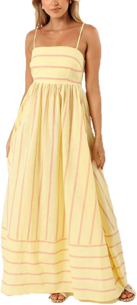 mofgkuz Women's Spaghetti Strap Cut Out Maxi Dress Sexy Beach Smocked Striped Flowy Swing Dress W... | Amazon (US)