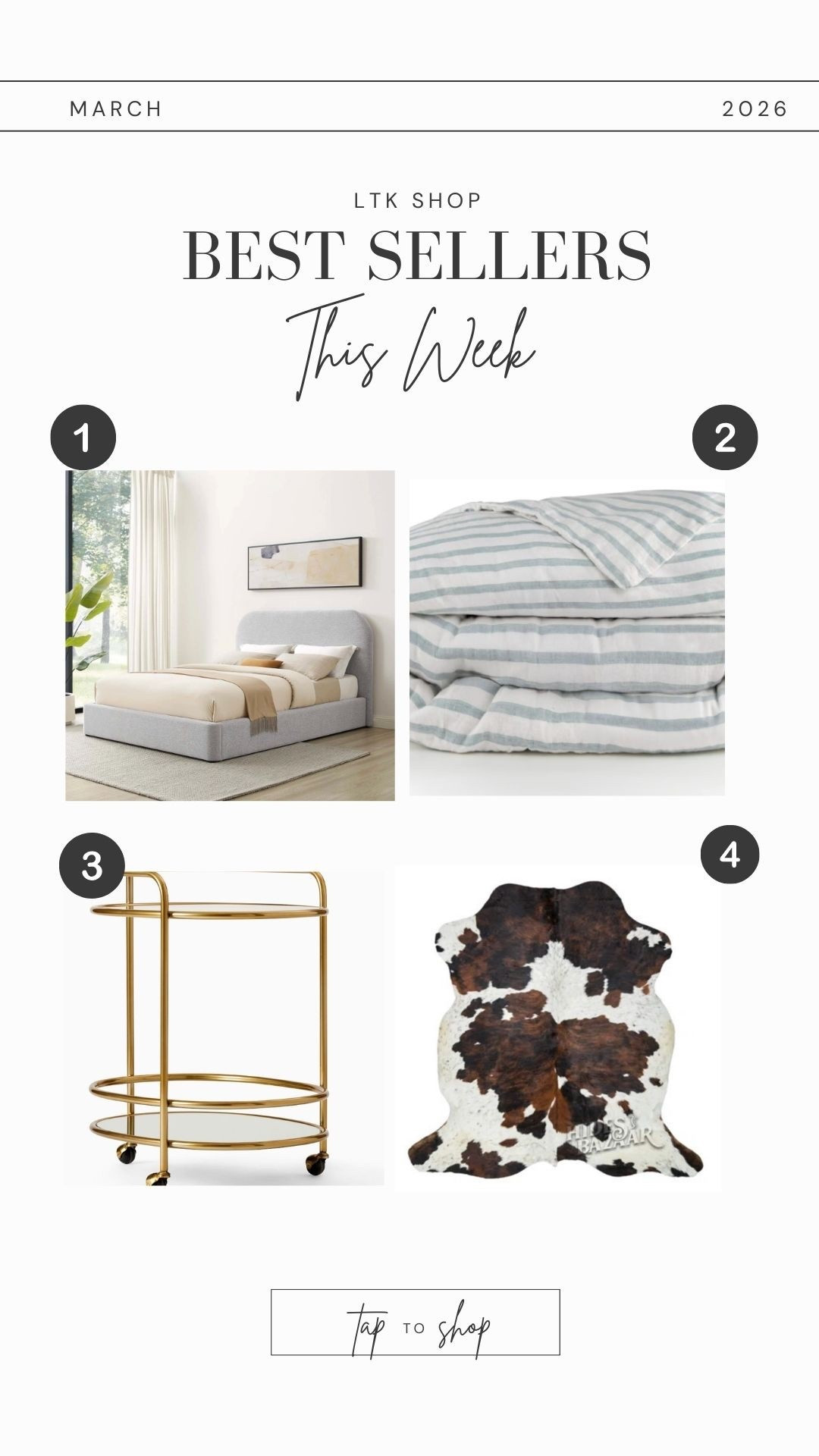 This weeks trending home decor includes the Keynote Upholstered Curved Platform Bed. It’s on sale right now for 40% off and it’s getting great reviews! 

Also loving this cowhide rug, French striped linen duvet cover, and brass bar cart. 

#LTKSaleAlert #LTKHome