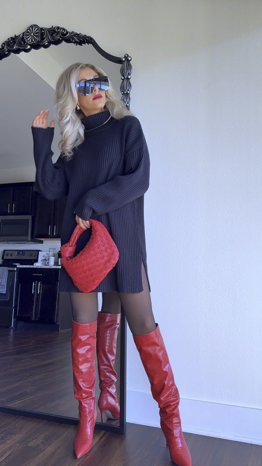 Black oversized sweater dress, black tights, red knot handbag, cherry red stiletto knee high boots, thanksgiving 2023 outfits, classy christmas outfit, casual work christmas party outfits, trendy outfits for christmas party, christmas holiday outfits 2023, holiday outfits for christmas pictures, work christmas party outfit

#LTKHolidaySale 

#LTKSeasonal #LTKshoecrush