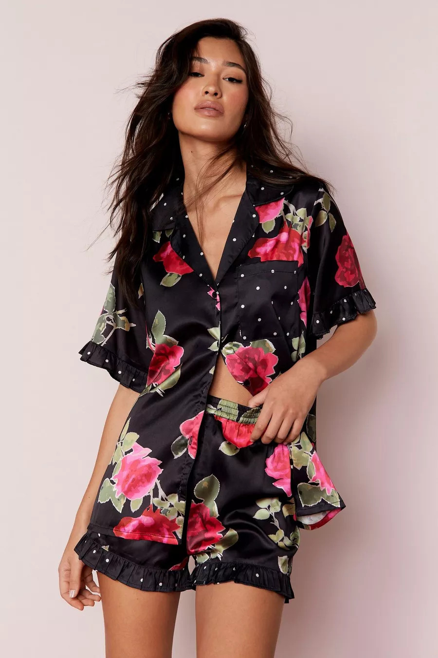 Rose Polka Dot Mix Ruffle Pajama Shorts Set | Nasty Gal US