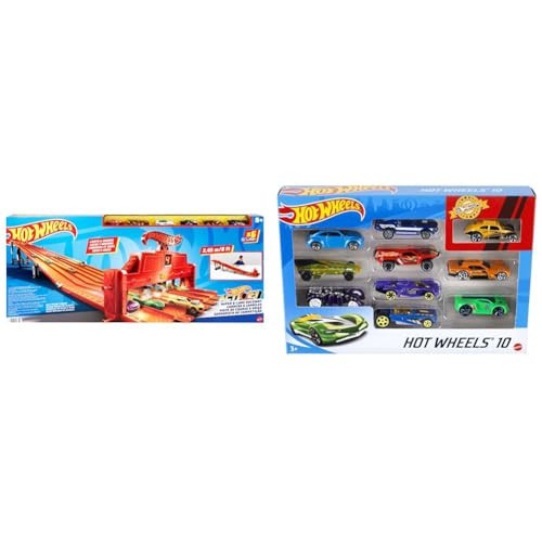 Bundle of Hot Wheels Playset with Lights, Sounds & 6 Vehicles, Super 6-Lane Raceway, 8-foot Track (Amazon Exclusive) + Hot Wheels Set of 10 Toy Trucks and Cars, Styles May Vary (Amazon Exclusive) | Amazon (US)