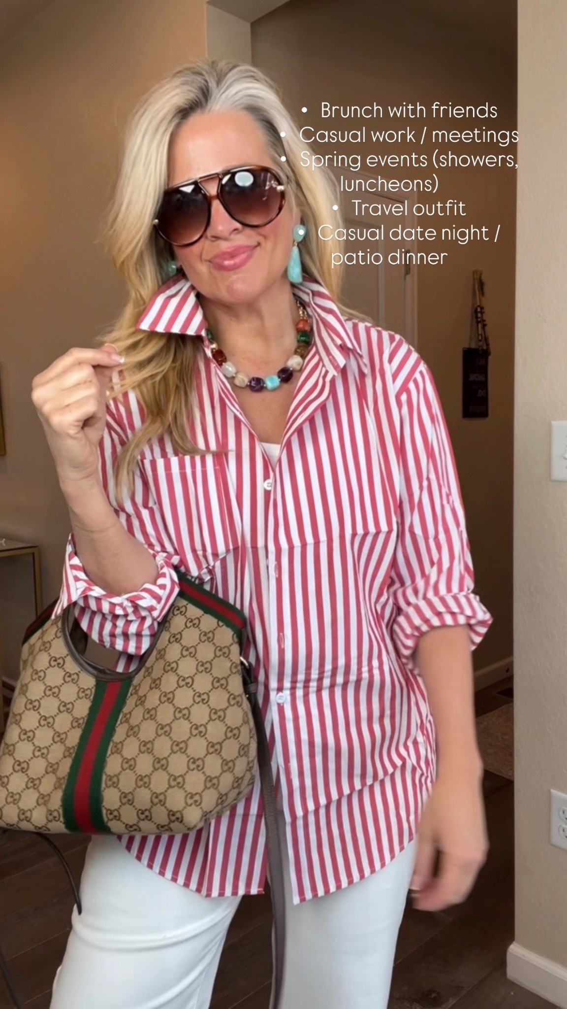  ✨Tap the bell, save and ❤️ for over 40 fashion, midlife style, midsize fashion and luxury looks for less. 

Where to Wear This (Midlife, Real Life 👇)

✨ Brunch with girlfriends
→ Feels put-together without being overdressed, and that pop of red stripe + accessories makes it fun and fresh

✨ Casual Friday or client meetings
→ The collar + button-down structure gives authority, while white denim keeps it approachable

✨ Spring events (showers, luncheons, daytime parties)
→ Bright, clean, and flattering without clinging—perfect for those “what do I wear?” moments

✨ Travel days or weekend getaways
→ Comfortable, breathable, but still looks elevated walking through an airport or grabbing lunch

✨ Dinner on a patio or date night (casual upscale)
→ Swap the bag or add a wedge and it instantly leans chic

⸻

Why This Works 
	•	The vertical stripes = elongating (not clinging 🙌)
	•	The structured collar = draws the eye up (anti-pooch strategy without saying a word)
	•	The slightly relaxed fit = skims, doesn’t fight the body
	•	The white denim = clean + modern contrast
	•	The statement accessories = distraction + personality (this is key for midlife styling)

Follow my LTK @Over40andmidlife on the @shop.LTK app to view this post and get my exclusive app-only content!

#liketkit #LTKOver40 #LTKMidsize #LTKPlusSize
@shop.ltk
https://liketk.it/64i5u