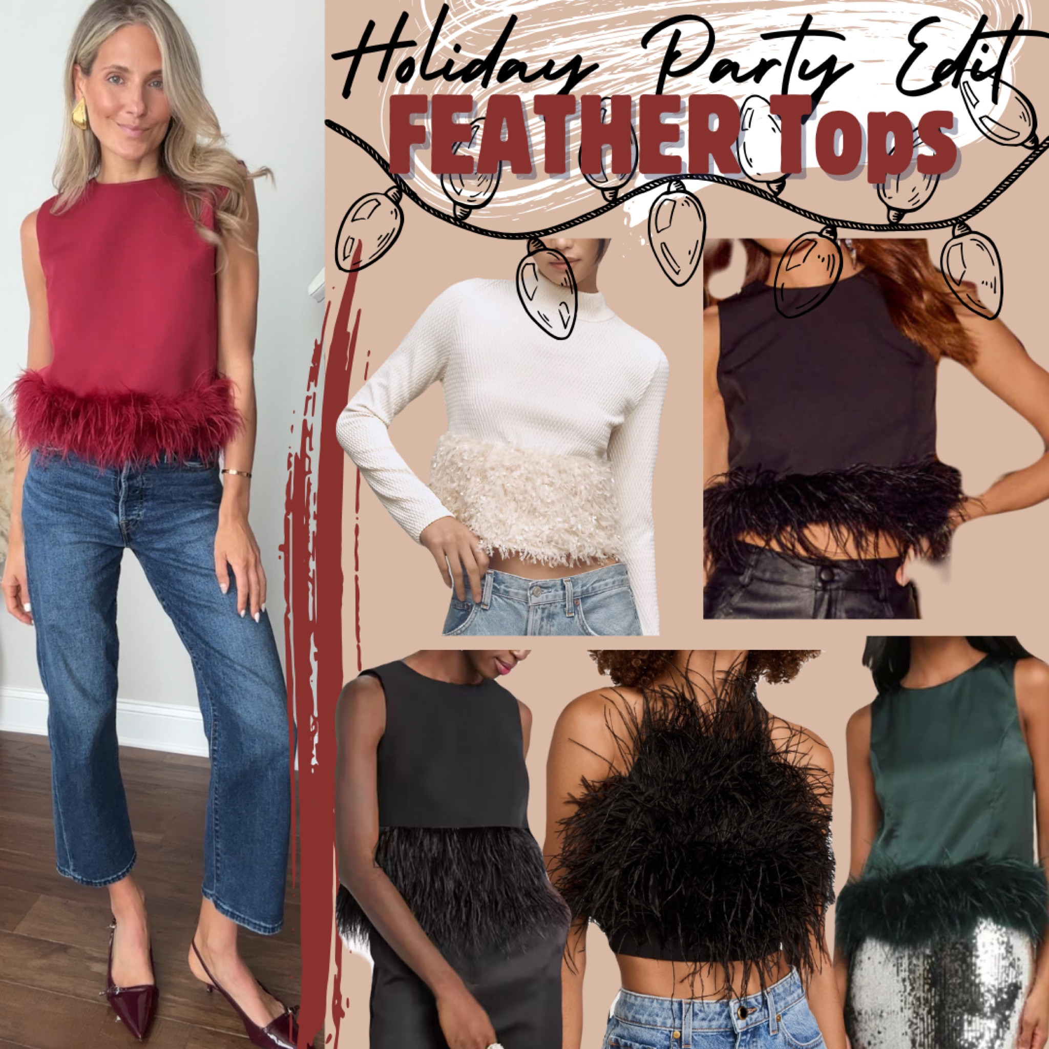 Holiday party tops: featuring feathers! Elevate your look with one of these adorable feather tops. Pair with jeans and a kitten heel or a skirt, tights, and over the knee boots. Christmas outfit ideas! 

#LTKHoliday #LTKParties #LTKStyleTip