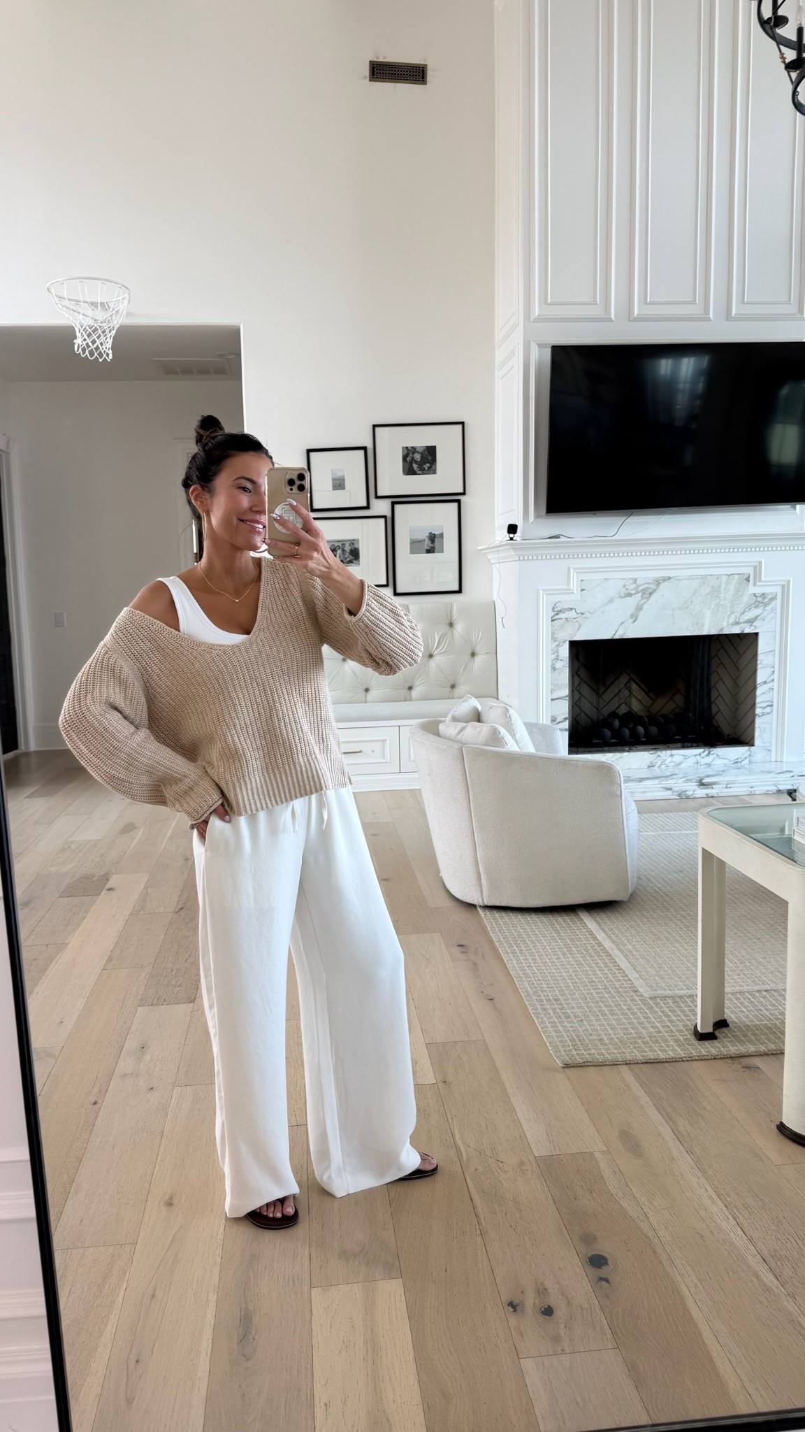 Spring outfit 🤍 obsessed with these wrinkle free white pants! I have these in multiple colors. Wearing size small regular 

Casual outfit, travel outfit, aritzia pants, neutral home, neutral outfit 
@aritzia @target @abercrombie 

#LTKspring #LTKOver40 #LTKootd