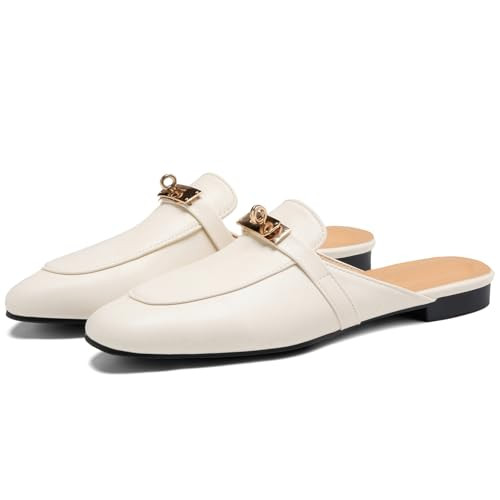 Rogerdream Mules for Women, Almond Toe Slip-On Flats, Backless Loafers with Matal Buckle for Graduation Ceremonies Shoes Leater White Size 10-42 | Amazon (US)