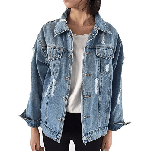 Beskie Oversized Denim Jacket for Women Destoryed Long Sleeve Boyfriend Jean Jacket Loose Coat, Blue, XXL | Amazon (US)