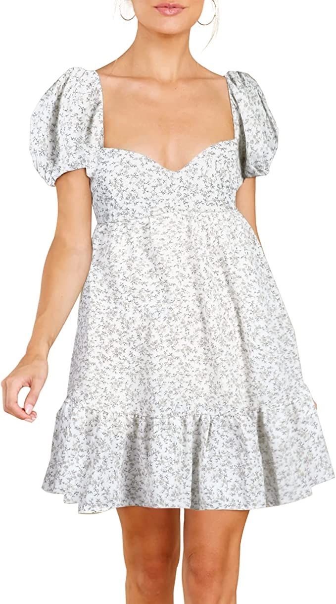 BELONGSCI Women's 2023 Summer Dress,Square & Sweetheart Neck Dress Short Puff Sleeve A-Line Casua... | Amazon (US)