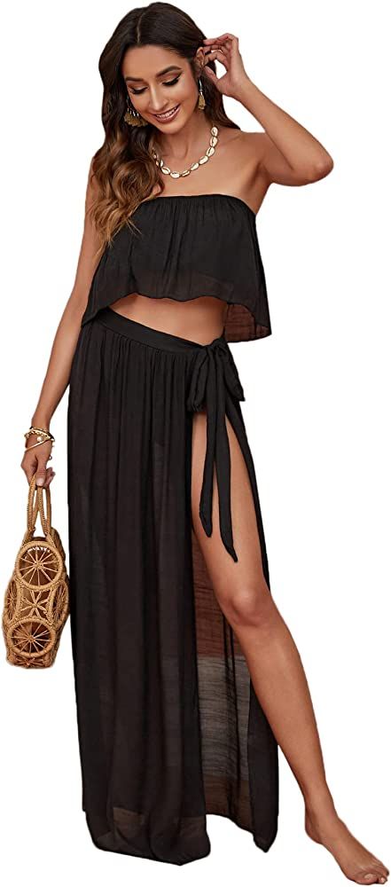 Verdusa Women's 2 Piece See Through Bandeau Top and Tie Side Long Skirt Cover Up Set | Amazon (US)