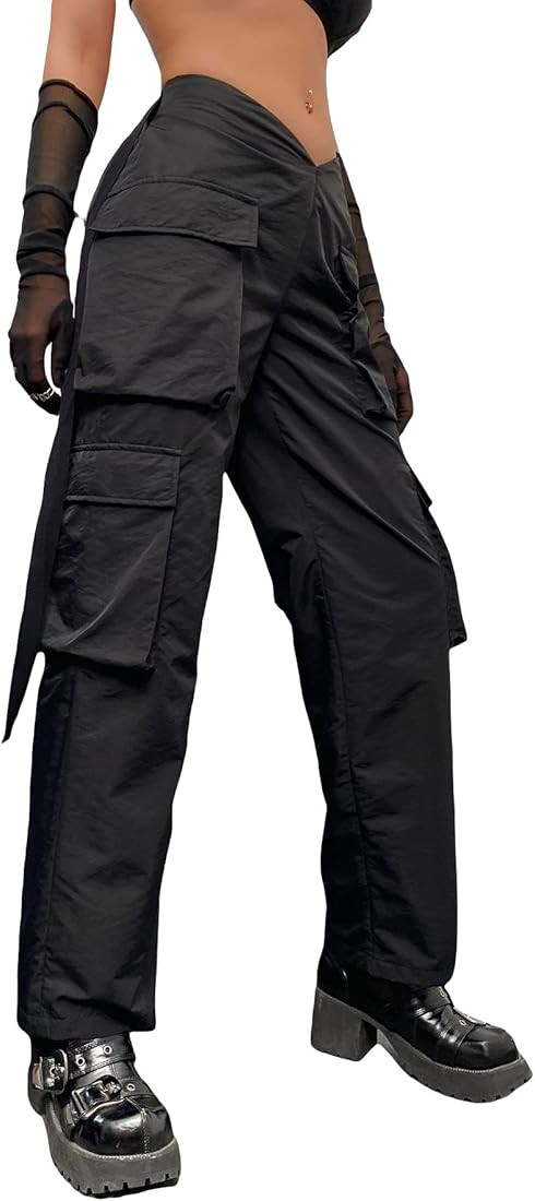 OYOANGLE Women's High Waist Flap Pocket Cargo Pants Fashion Y2K Streetwear Baggy Trousers | Amazon (US)