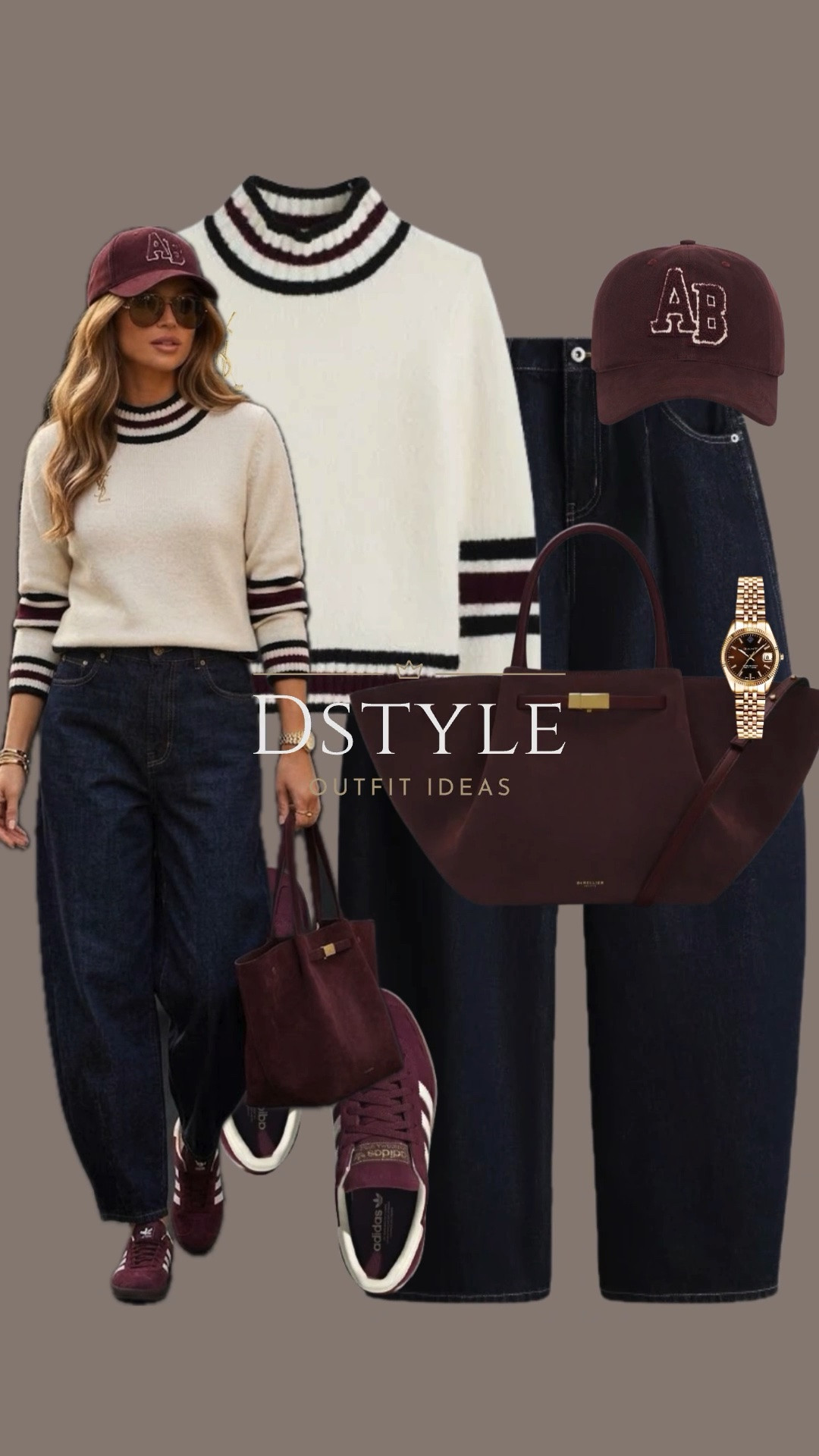 Casual chic done right 🧢 Pairing a varsity stripe crewneck sweater with deep indigo denim, burgundy Adidas sneakers, and a matching cap. Perfect for weekend errands or coffee runs!
tags: Athleisure Outfit, Burgundy Sneakers, Varsity Sweater, Casual Everyday Look, Off-Duty Style

#LTKootd