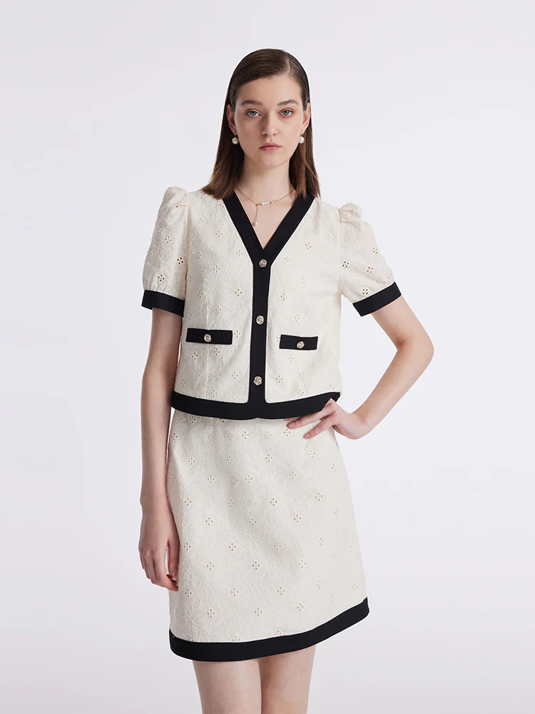 Contrast Trim Embroidered Top And Skirt Two-Piece Set | GOELIA