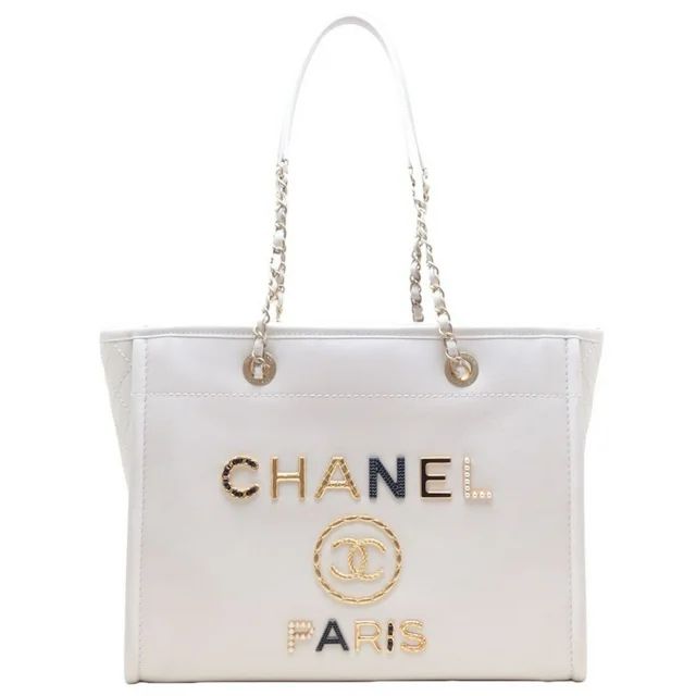 Pre-Owned CHANEL Deauville MM Medium Chain Tote A67001 Bag Calfskin Ivory 450264 (Good) - Walmart... | Walmart (US)