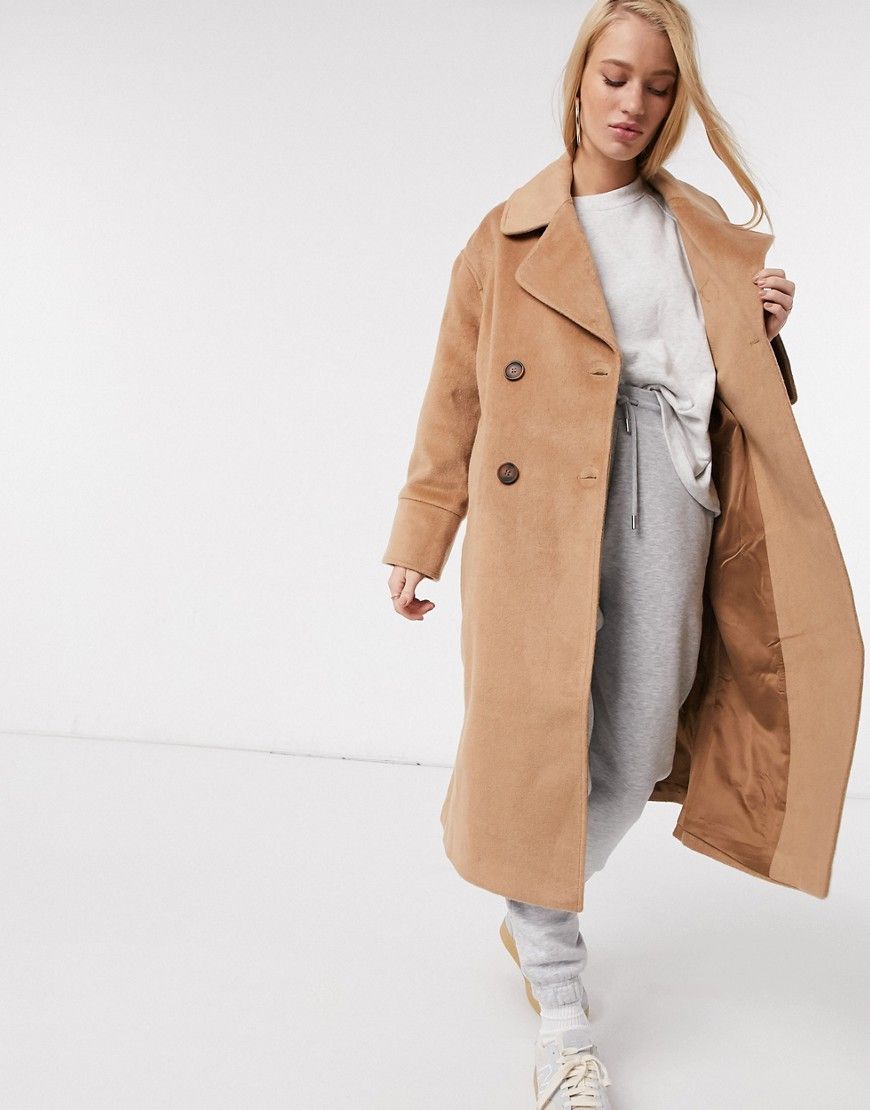 Y.A.S wool longline coat with tortoise shell buttons in camel-Tan | ASOS (Global)