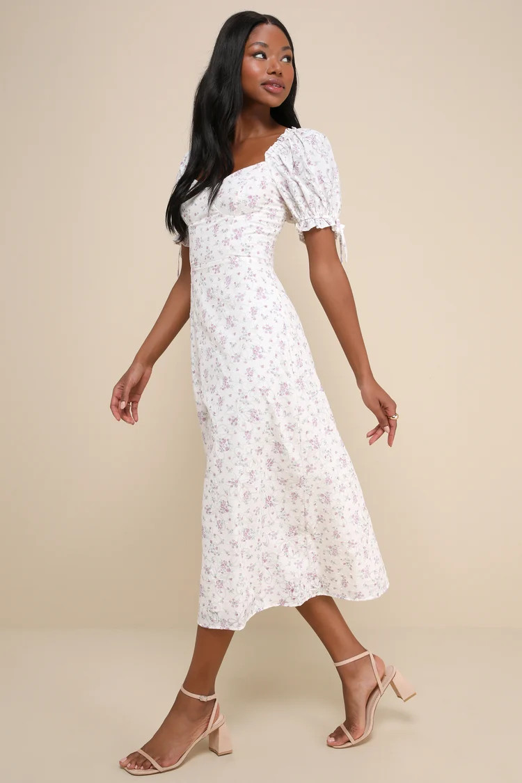 Certified Charmer Ivory Burnout Floral Puff Sleeve Midi Dress | Lulus