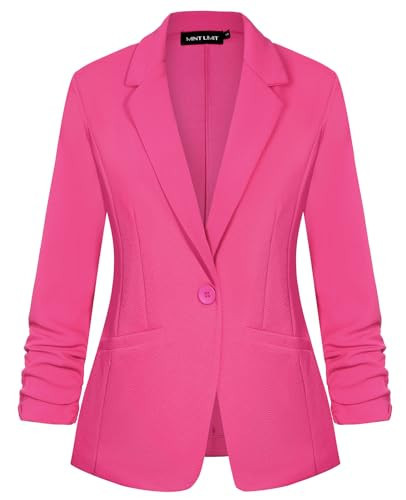 MINTLIMIT Women's Casual Pink Blazer 3/4 Stretchy Ruched Sleeve Suits Jacket Dressy Lapel Open Front Blazer Suit Formal Work Office,S | Amazon (US)