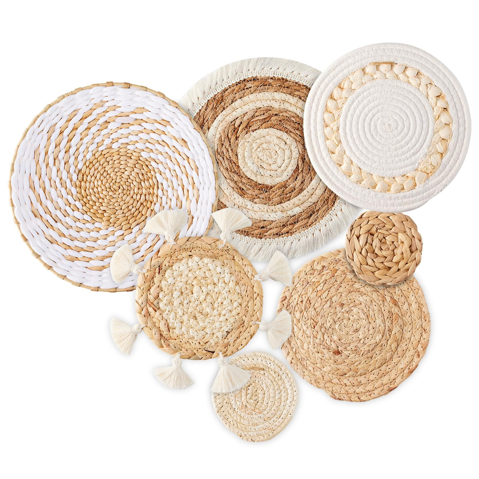 7 Pack Boho Wall Basket Decor - Seagrass Rattan Wicker Wall Decor Round Handmade Hanging Rustic F... | Amazon (US)