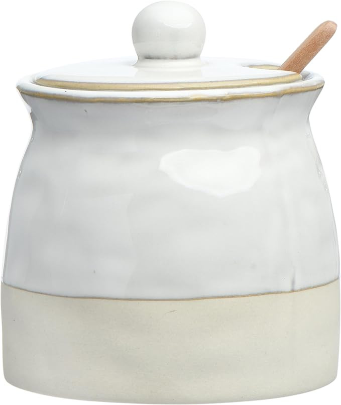 Creative Co-Op Stoneware Sugar Pot with Lid and Wood Spoon, White Glaze | Amazon (US)