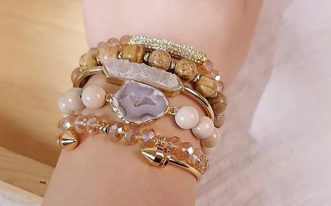 Champagne Gold Cream Druzy and White Agate Stone Stacked Bracelet and Cuffs - Set of 6 | Etsy (US)
