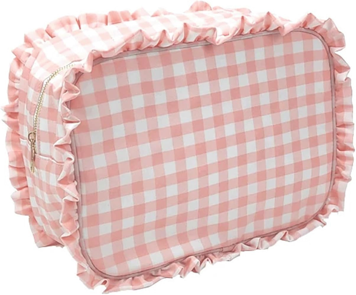 Tarvione Ruffle Pouch Cute Gingham Cosmetic Toiletry Bag Pink Makeup Bag Women's Daily Travel Mak... | Amazon (US)