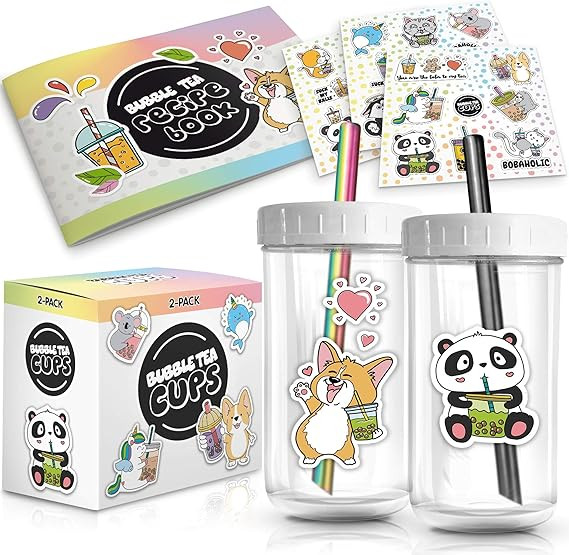 2-Pack Reusable Bubble Tea Cup Set – 22oz Glass Boba Tea Cups with Lids & Straws – Bubble Tea... | Amazon (US)