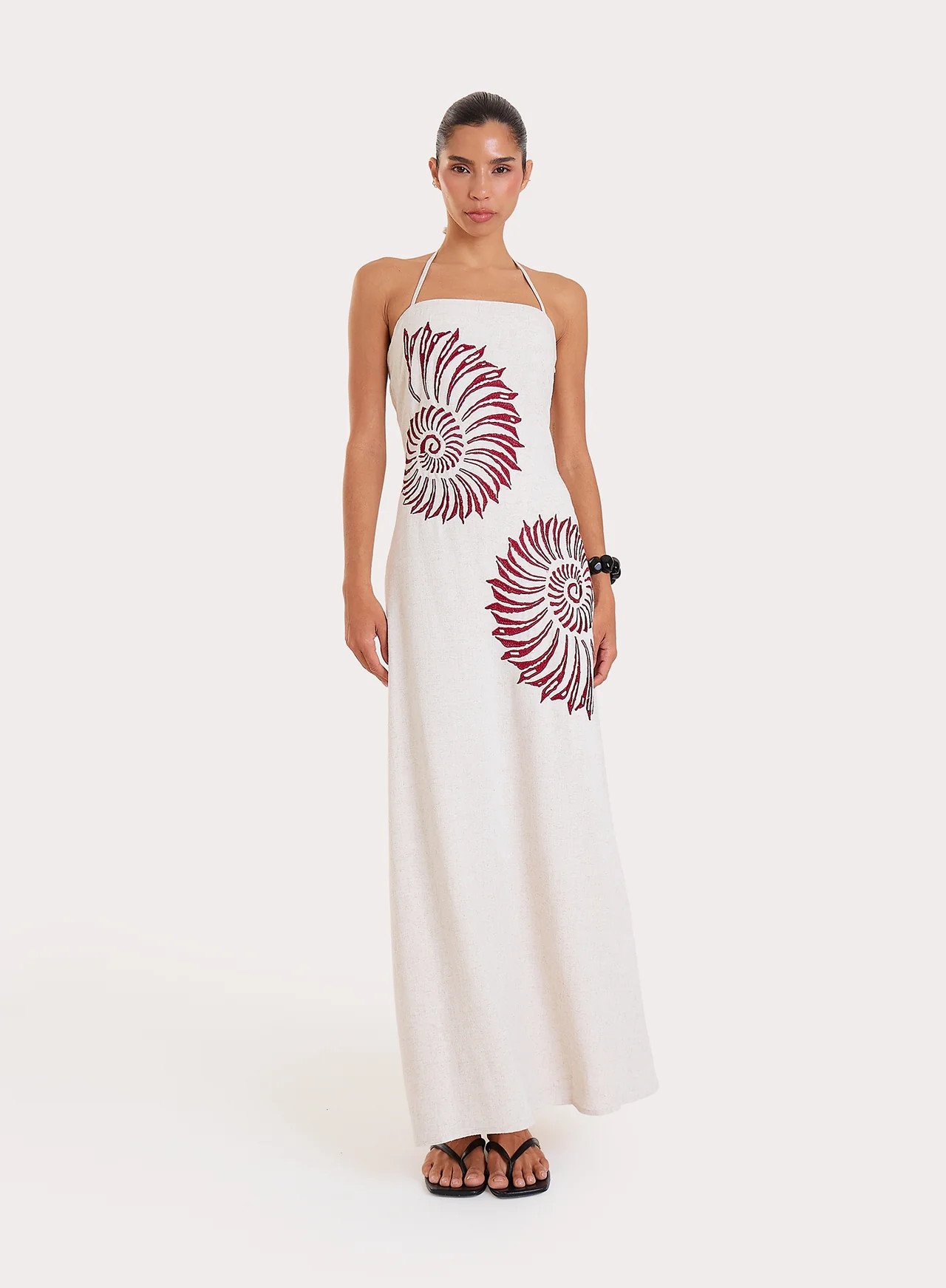 Women's Cream Linen Blend Embroidered Shell Halterneck Maxi Dress | Joanna | 4th & Reckless | 4th & Reckless