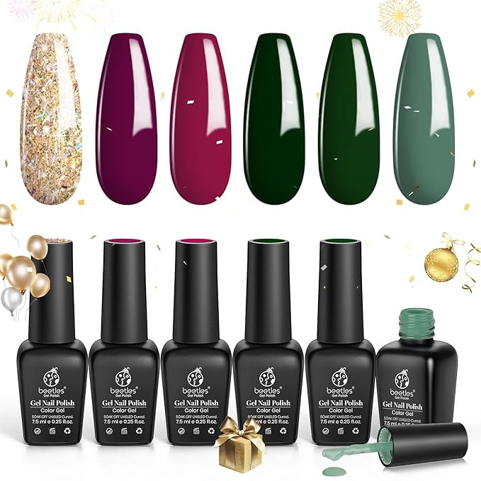 Beetles Green Gel Nail Polish Set, 6 Colors Tipsy Jazz Vibrant Emerald Green Red Golden Glitter G... | Amazon (US)