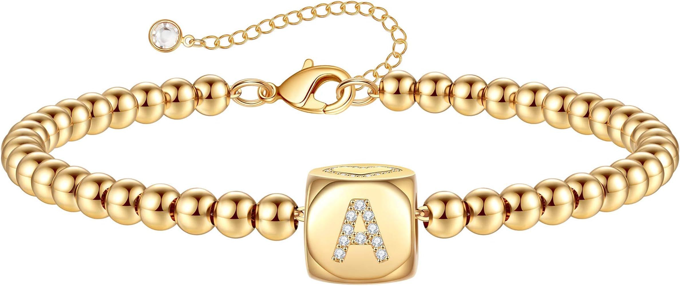 Gold Initial Bracelets for Women Girls, 14K Gold Plated Handmade Letter Bead Bracelet Personalized I | Amazon (US)