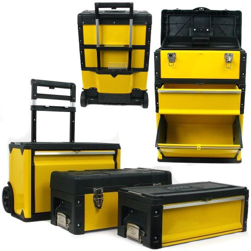 Portable Tool Box on Wheels - Stackable 3-in-1 Chest for Workshops and Craft Rooms - Foldable Comfort Handle and Latches by Stalwart (Black/Yellow) | Amazon (US)