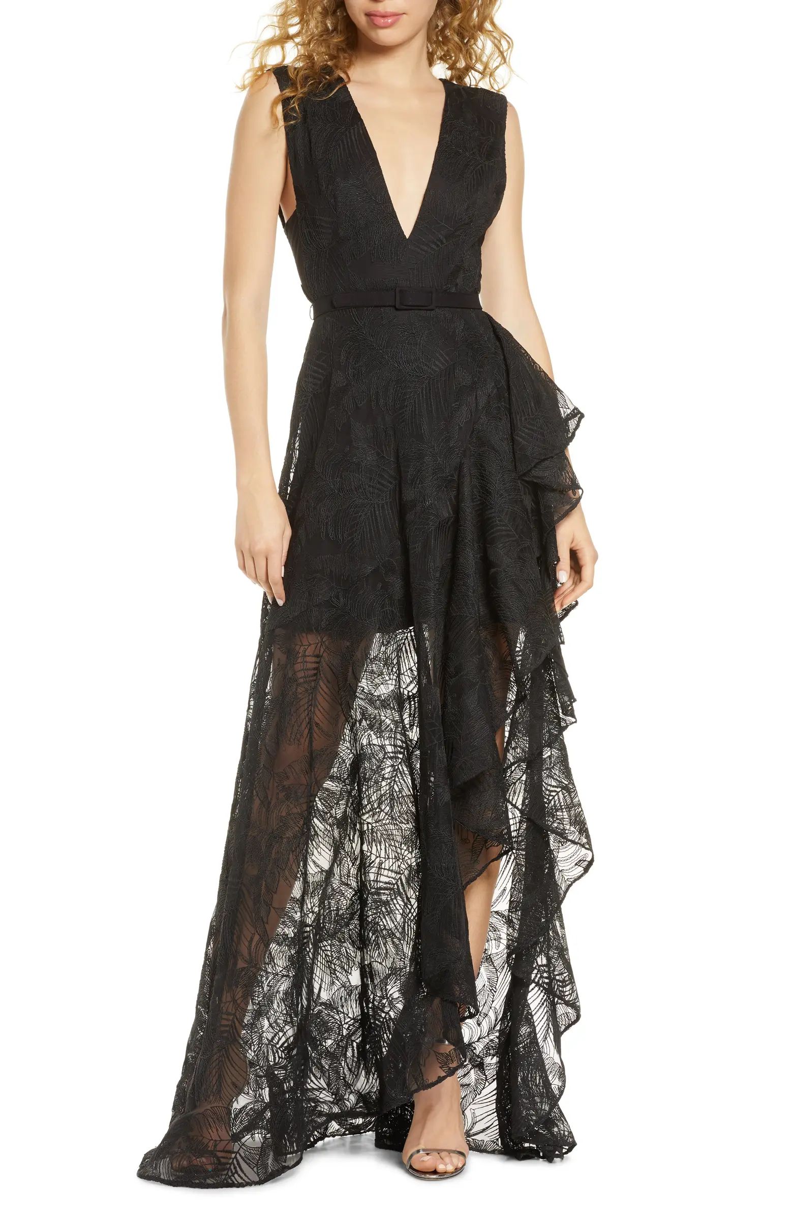 One33 Social Palm Lace Ruffle Plunge Neck Gown | Nordstrom | Nordstrom