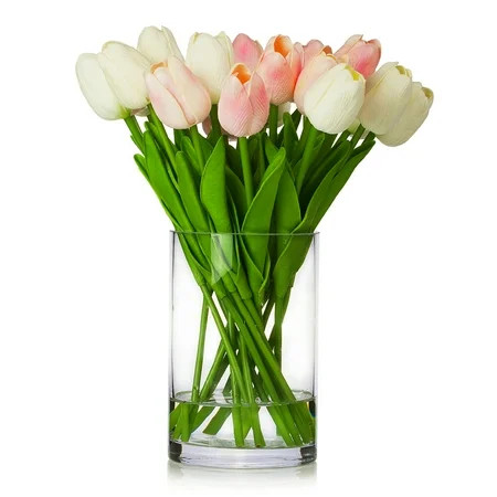 Enova Home 20 Pieces Artificial Real Touch Tulips Silk Flowers Arrangement in Glass Vase with Faux W | Walmart (US)