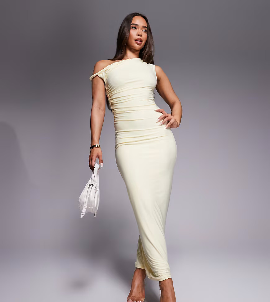 Kaiia exclusive double layered slinky twist off shoulder bodycon maxi dress in butter yellow | ASOS (Global)