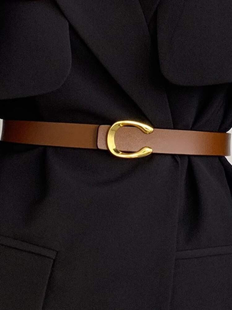 1pc Women's Brown Leather Belt With Gold Alloy Letter Detail Stud Buckle Casual | SHEIN USA | SHEIN