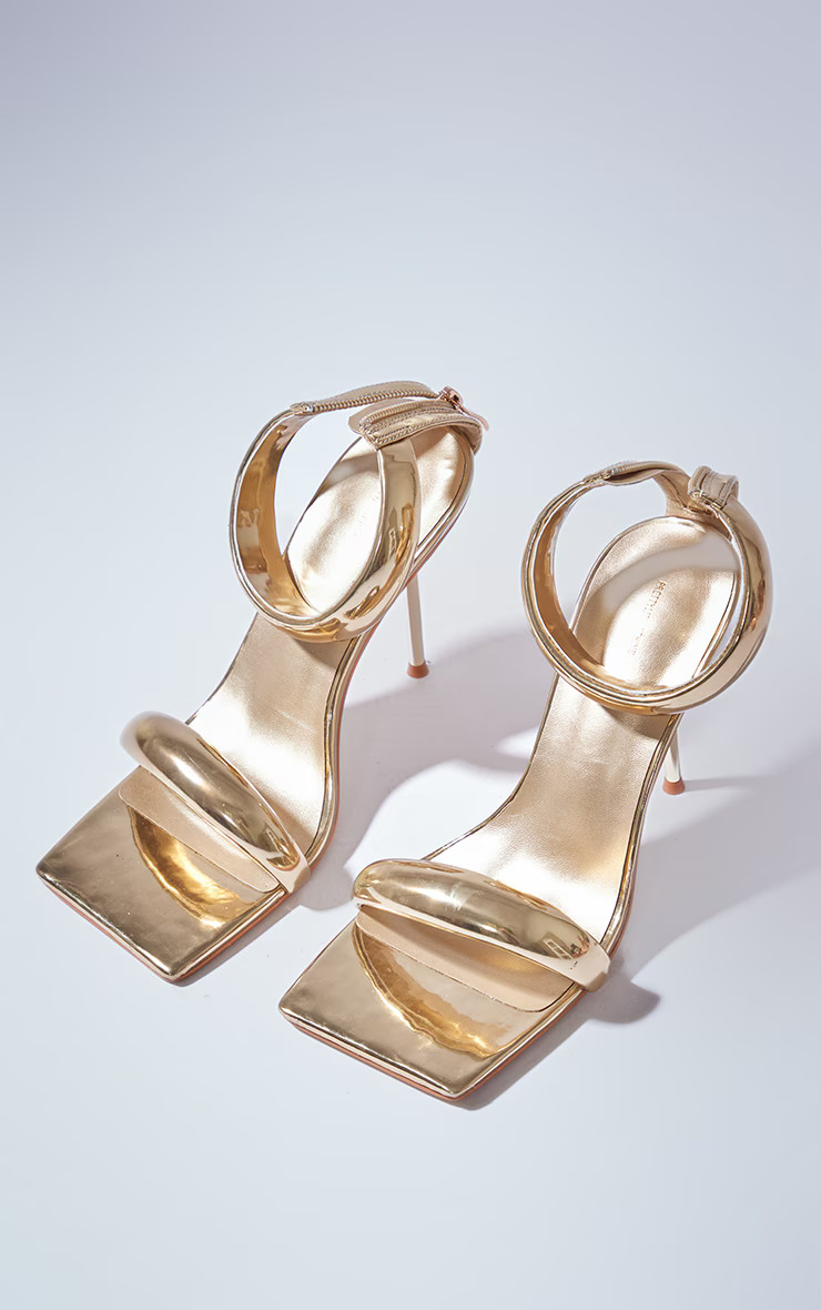 Gold Metallic Padded Double Strap High Heel Sandals | PrettyLittleThing UK