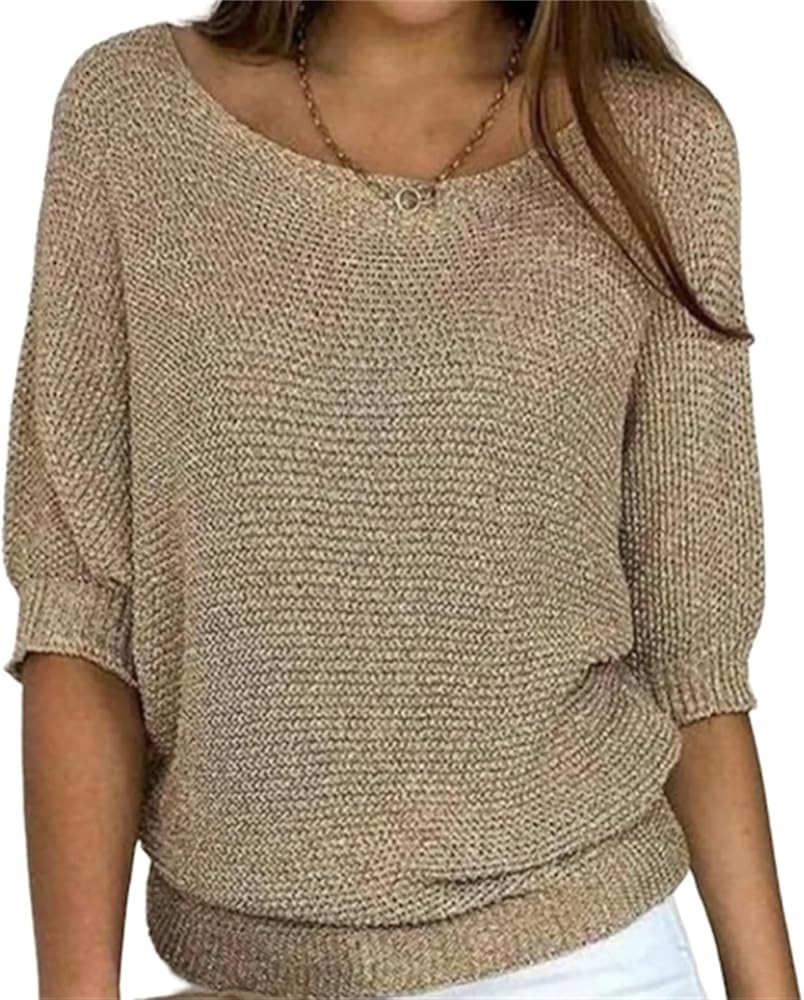 Sweaters for Women Casual Boat Neck Knit Tunic Blouse Solid Baggy Tees Fashion 3/4 Sleeve Pullove... | Amazon (US)