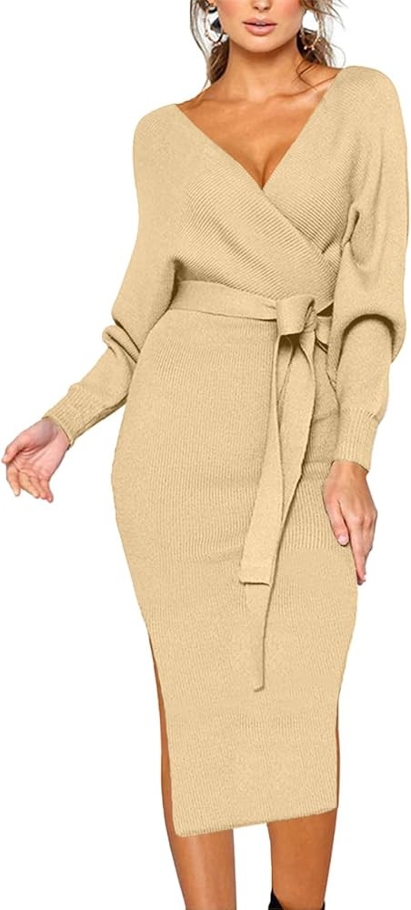 CHERFLY Women's V Neck Sweater Dresses Batwing Long Sleeve Backless Bodycon Long Dress with Belt | Amazon (US)