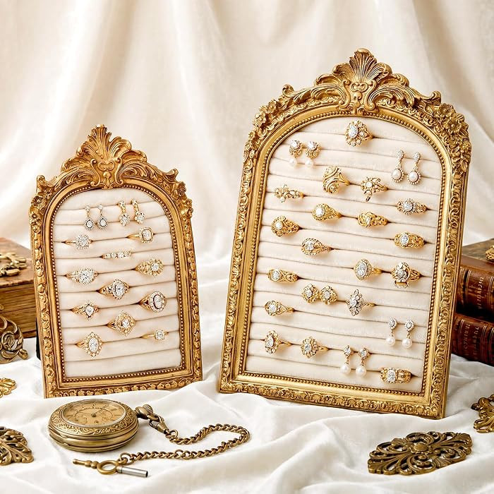 2 Pcs Vintage Ring Holder Frame Gold Ring Wedding Display Suede Jewelry Box Stand Frame Earring T... | Amazon (US)